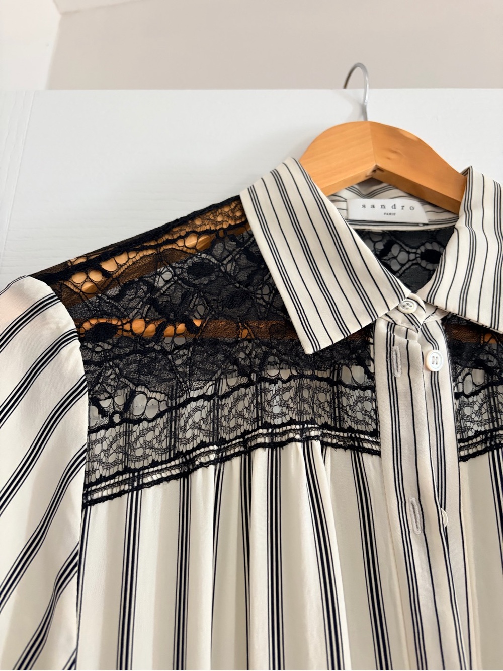 Sandro Cream and Black Striped Midi Dress with Lace Yoke - Picture 3 of 7